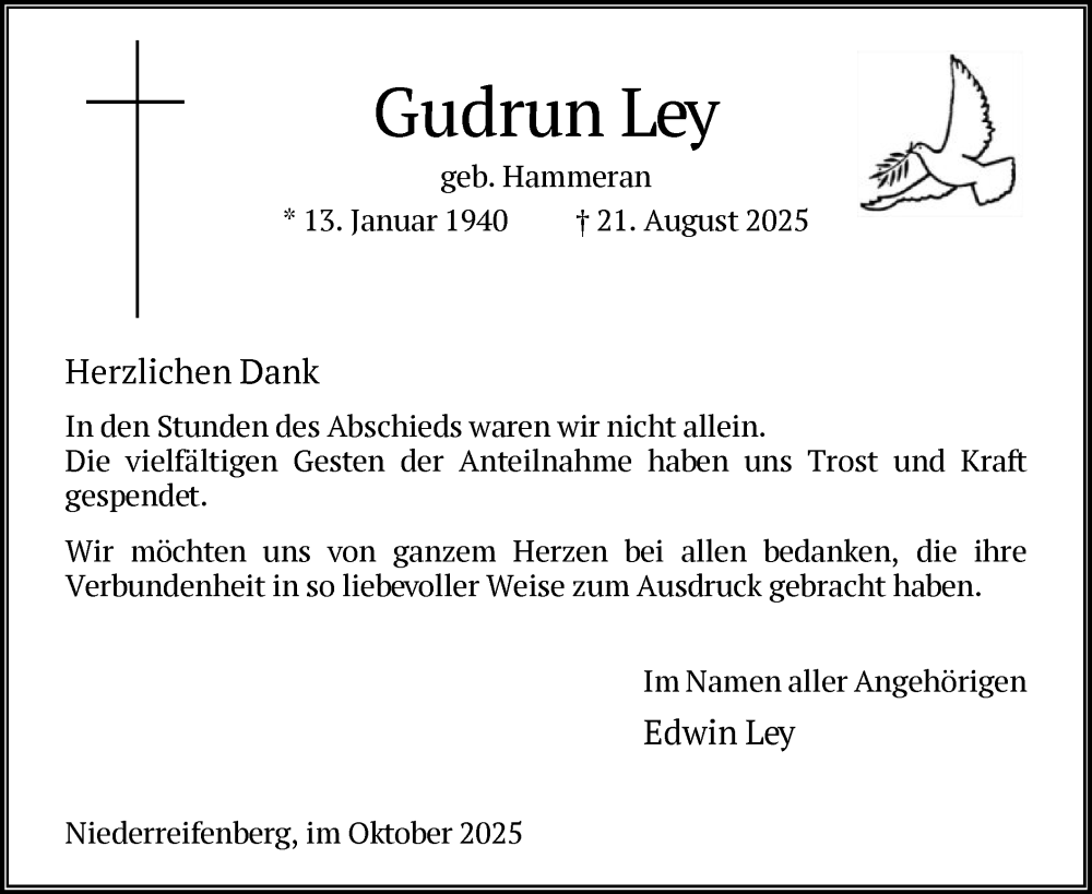  Traueranzeige für Gudrun Ley vom 11.10.2025 aus FNP
