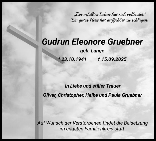 Traueranzeige von Gudrun Eleonore Gruebner von FNP