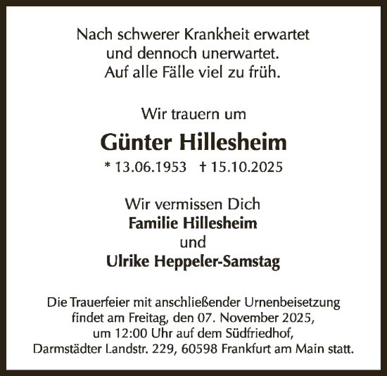 Traueranzeige von Günter Hillesheim von FNP