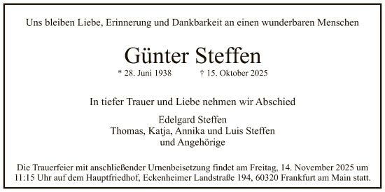 Traueranzeige von Günter Steffen von FNP