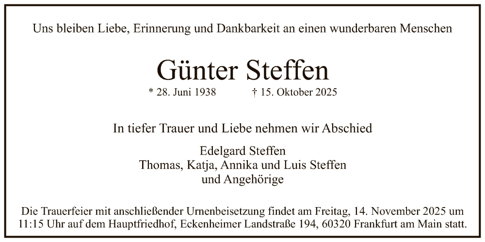  Traueranzeige für Günter Steffen vom 01.11.2025 aus FNP