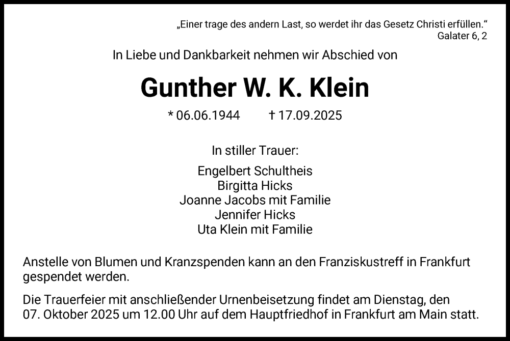  Traueranzeige für Gunther W. K. Klein vom 04.10.2025 aus FNP