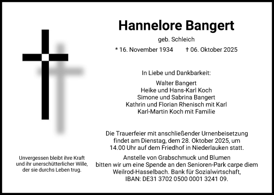 Traueranzeige von Hannelore Bangert von FNP