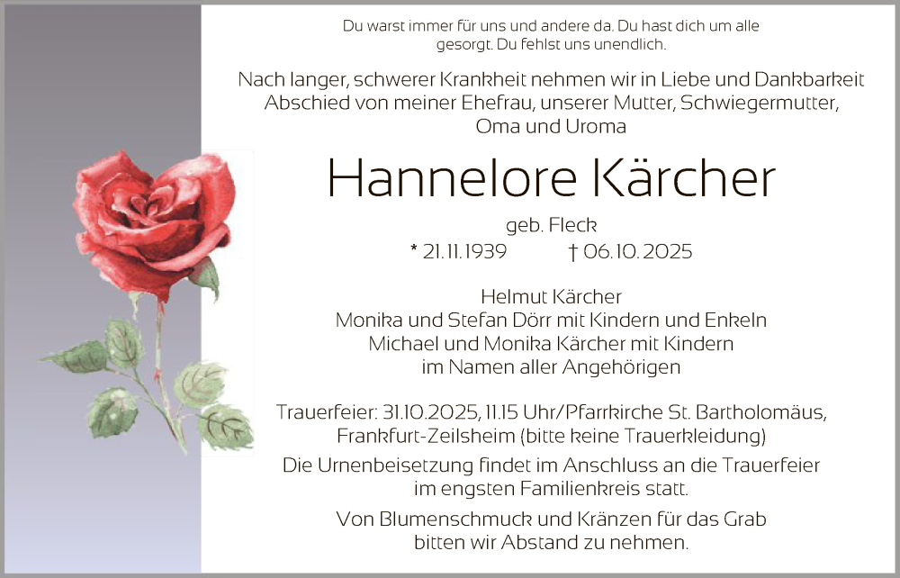  Traueranzeige für Hannelore Kärcher vom 25.10.2025 aus FNP