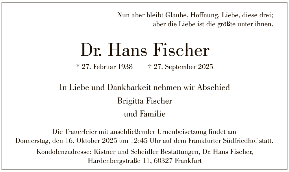  Traueranzeige für Hans Fischer vom 11.10.2025 aus FNP