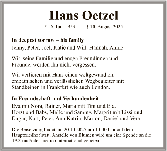 Traueranzeige von Hans Oetzel von FNP