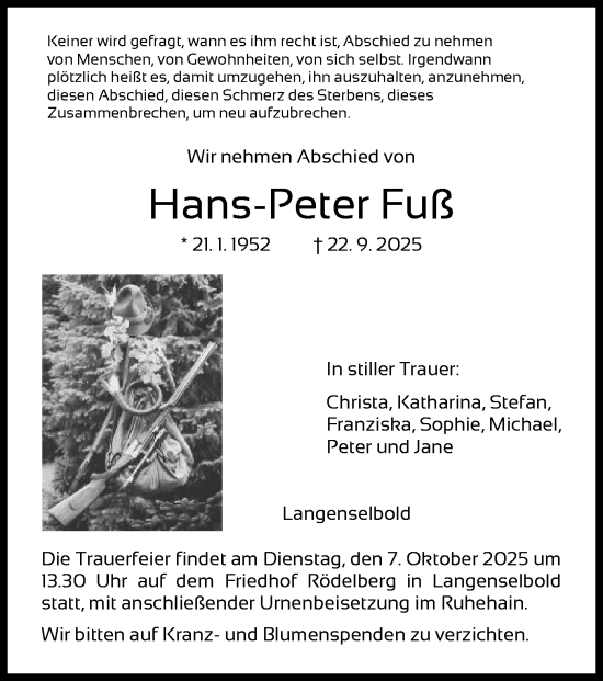Traueranzeige von Hans-Peter Fuß von FNP