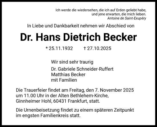 Traueranzeige von Hans Dietrich Becker von FNP