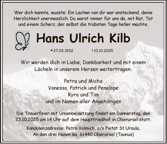 Traueranzeige von Hans Ulrich Kilb von FNP