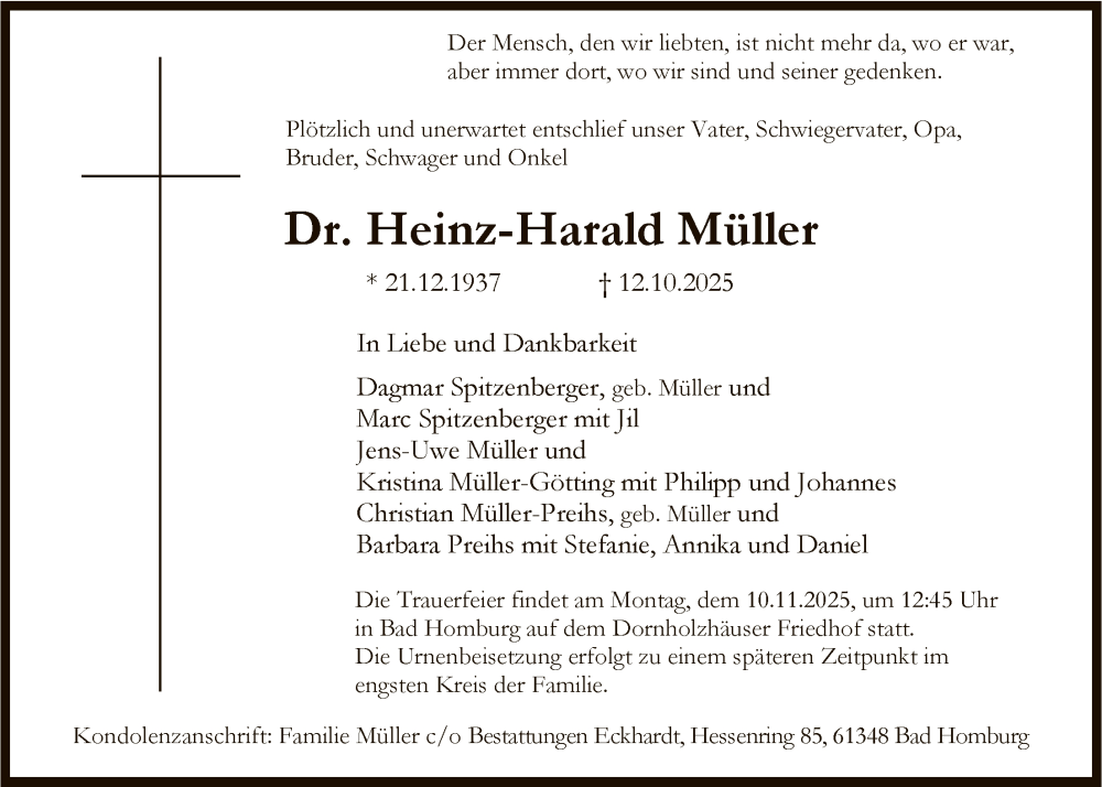  Traueranzeige für Heinz-Harald Müller vom 25.10.2025 aus FNP