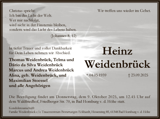 Traueranzeige von Heinz Weidenbrück von FNP