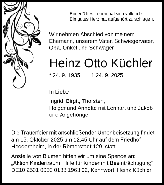 Traueranzeige von Heinz Otto Küchler von FNP