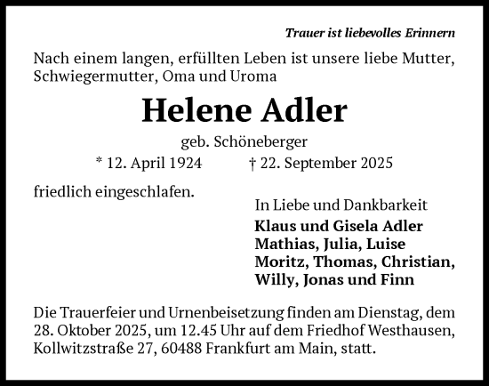 Traueranzeige von Helene Adler von FNP