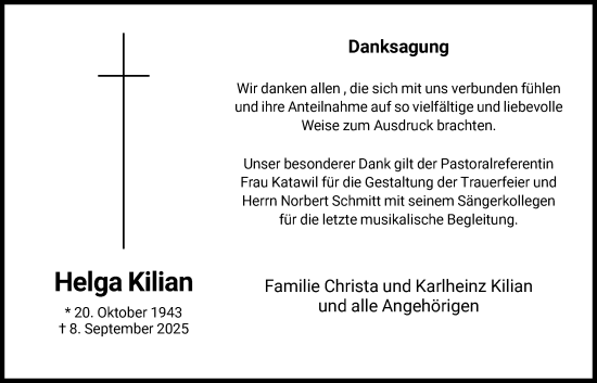 Traueranzeige von Helga Kilian von FNP