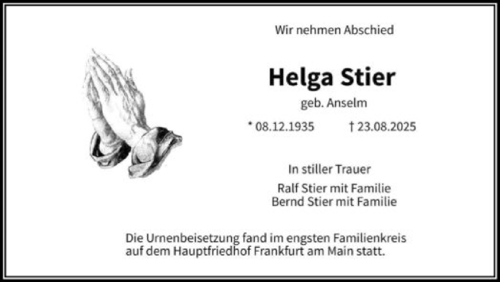  Traueranzeige für Helga Stier vom 04.10.2025 aus FNP
