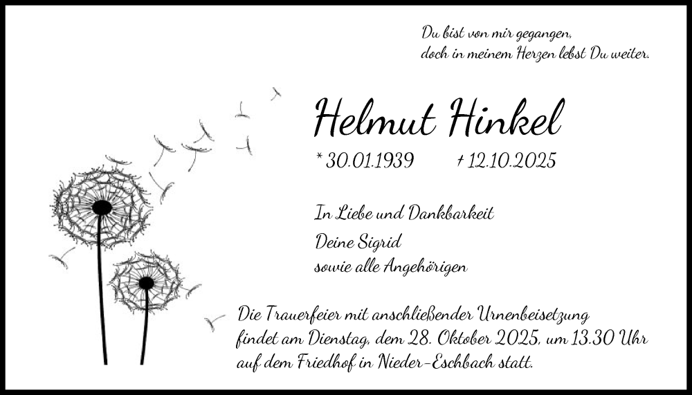  Traueranzeige für Helmut Hinkel vom 18.10.2025 aus FNP