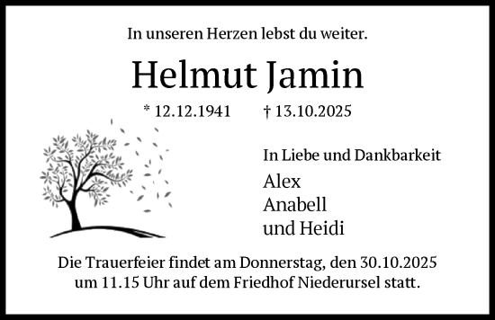 Traueranzeige von Helmut Jamin von FNP