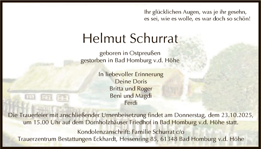  Traueranzeige für Helmut Schurrat vom 18.10.2025 aus FNP
