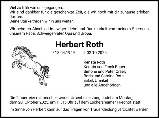 Traueranzeige von Herbert Roth von FNP