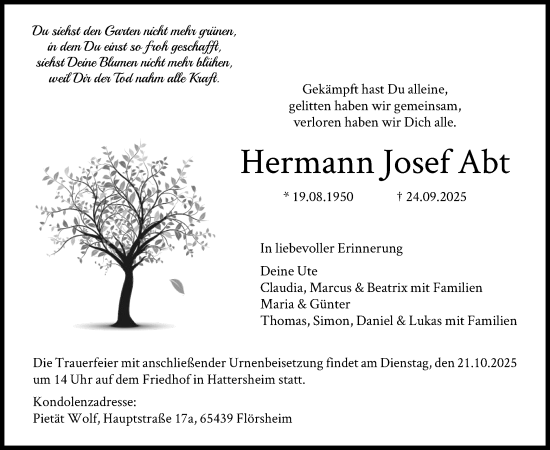 Traueranzeige von Hermann Josef Abt von FNP