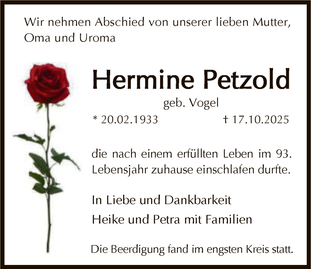  Traueranzeige für Hermine Petzold vom 25.10.2025 aus FNP