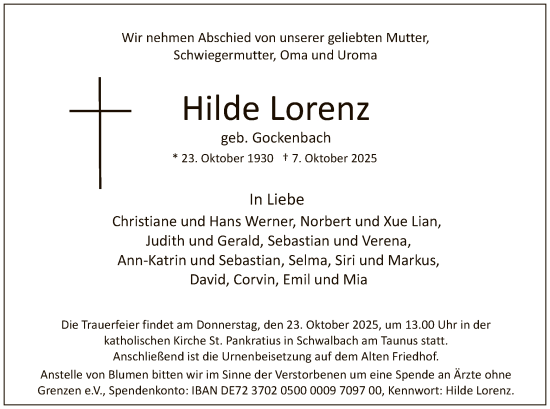 Traueranzeige von Hilde Lorenz von FNP