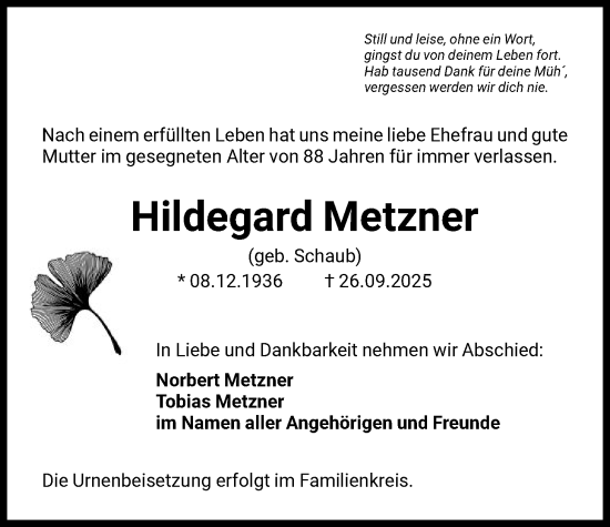 Traueranzeige von Hildegard Metzner von FNP