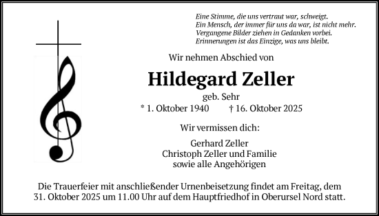 Traueranzeige von Hildegard Zeller von FNP