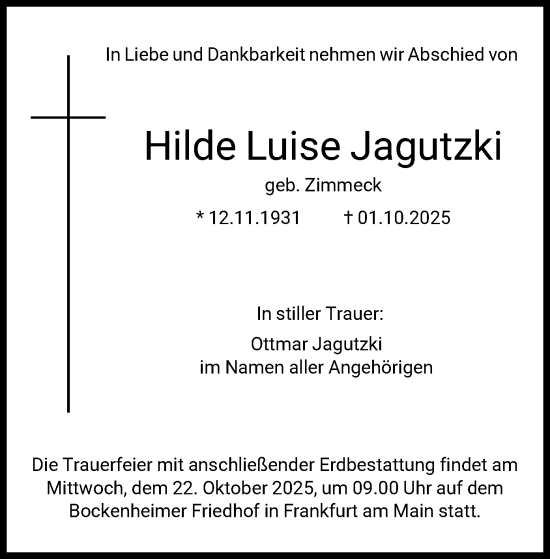 Traueranzeige von Hilde Luise Jagutzki von FNP