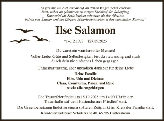Traueranzeige von Ilse Salamon von FNP