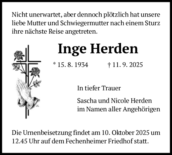 Traueranzeige von Inge Herden von FNP