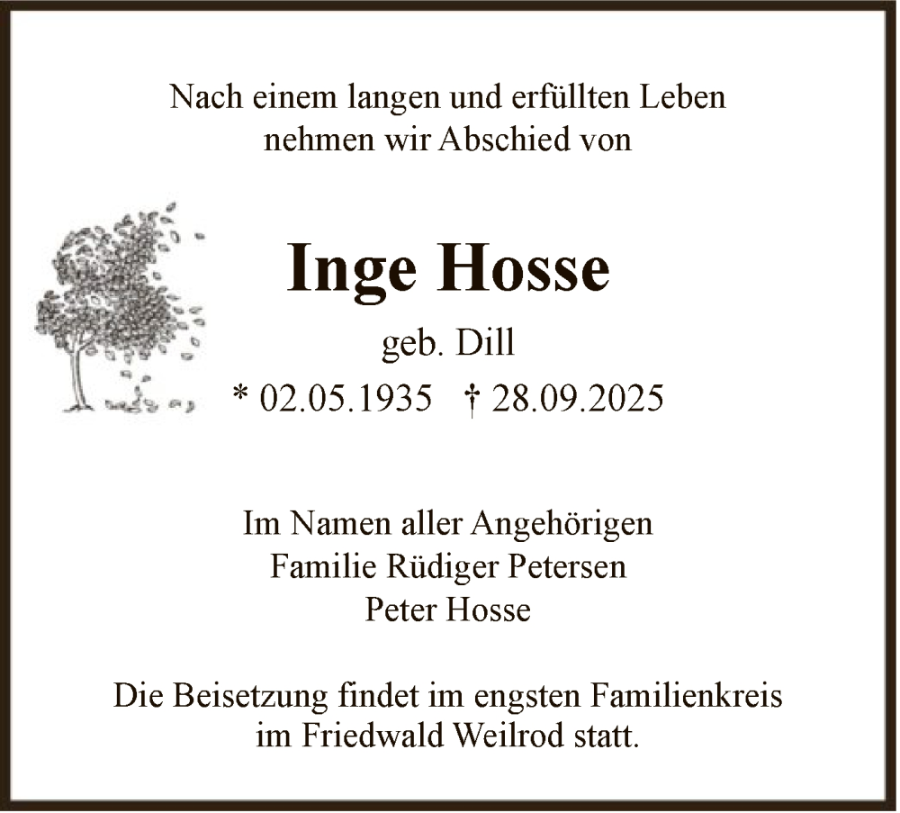 Traueranzeige für Inge Hosse vom 04.10.2025 aus FNP