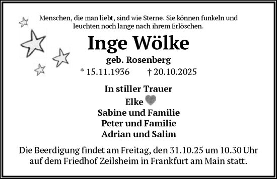 Traueranzeige von Inge Wölke von FNP