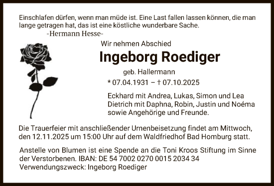 Traueranzeige von Ingeborg Roediger von FNP