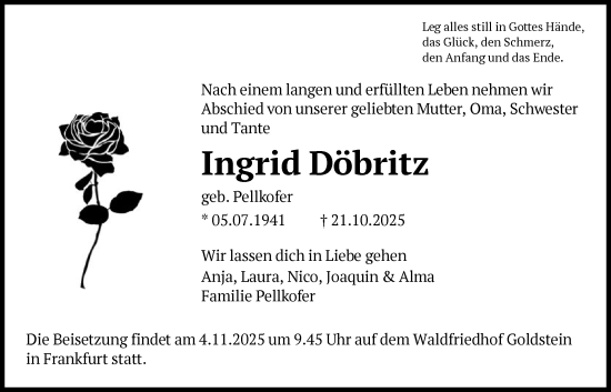 Traueranzeige von Ingrid Döbritz von FNP