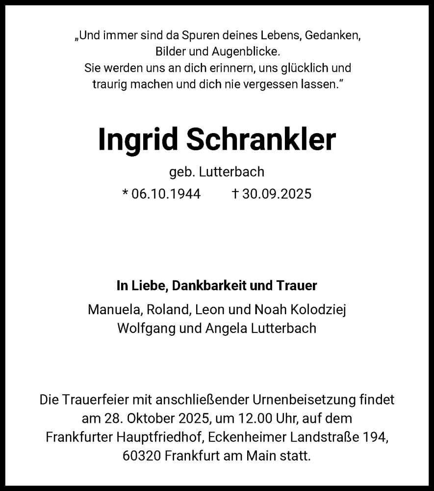  Traueranzeige für Ingrid Schrankler vom 11.10.2025 aus FNP