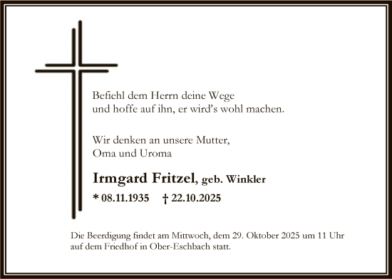 Traueranzeige von Irmgard Fritzel von FNP