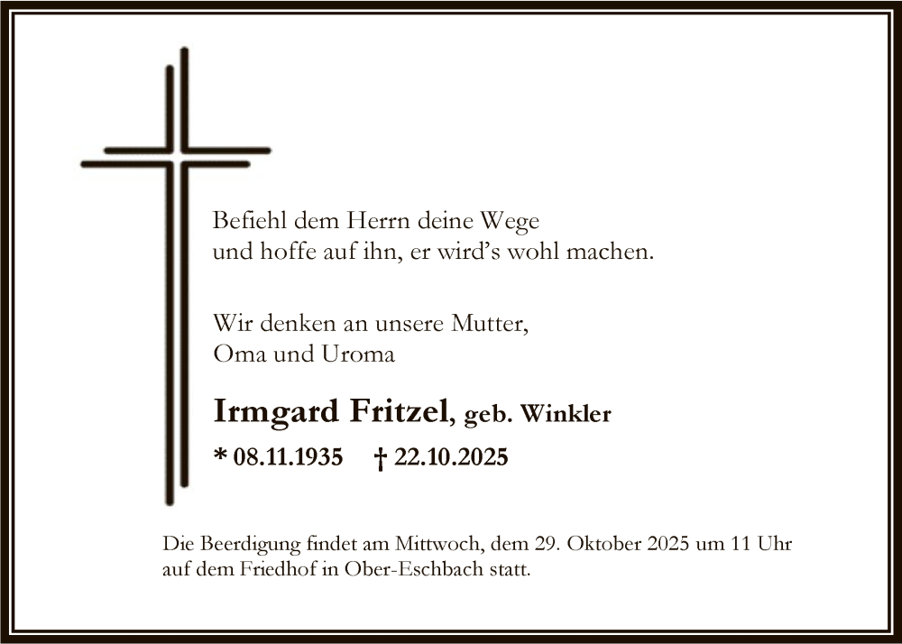  Traueranzeige für Irmgard Fritzel vom 25.10.2025 aus FNP
