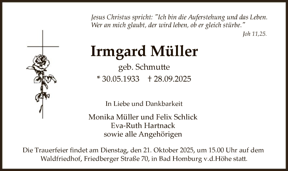  Traueranzeige für Irmgard Müller vom 11.10.2025 aus FNP