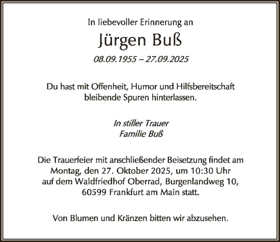 Traueranzeige von Jürgen Buß von FNP