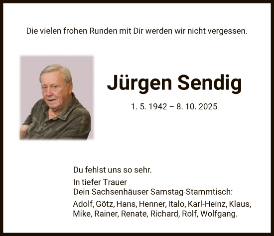 Traueranzeige von Jürgen Sendig von FNP