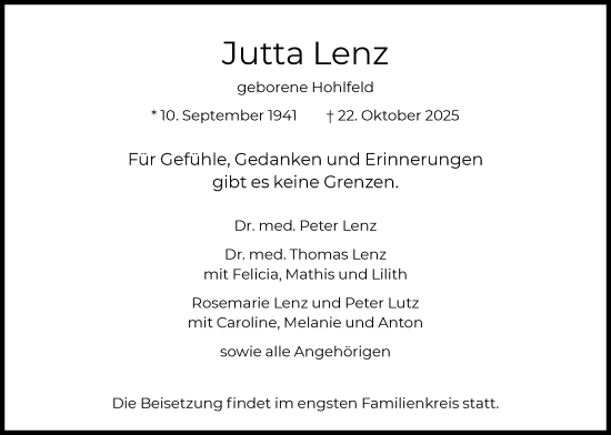 Traueranzeige von Jutta Lenz von FNP