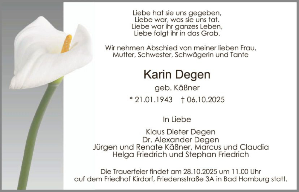  Traueranzeige für Karin Degen vom 17.10.2025 aus FNP