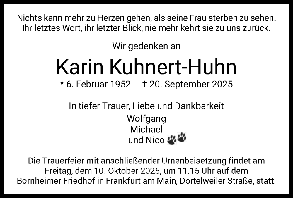  Traueranzeige für Karin Kuhnert-Huhn vom 04.10.2025 aus FNP