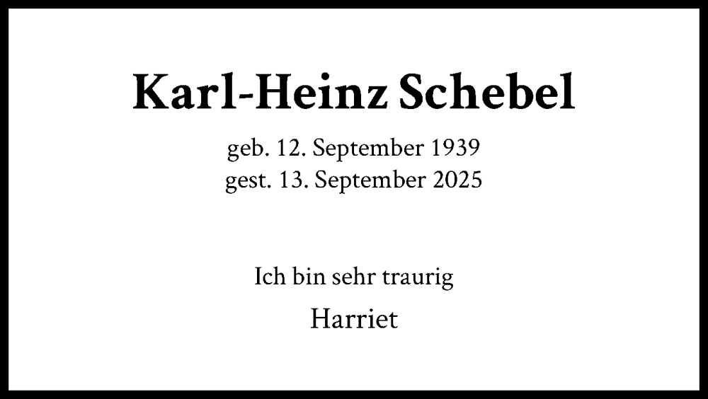  Traueranzeige für Karl-Heinz Schebel vom 11.10.2025 aus FNP