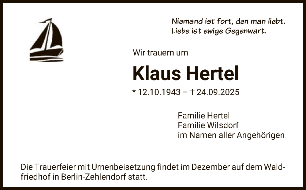  Traueranzeige für Klaus Hertel vom 08.10.2025 aus FNP