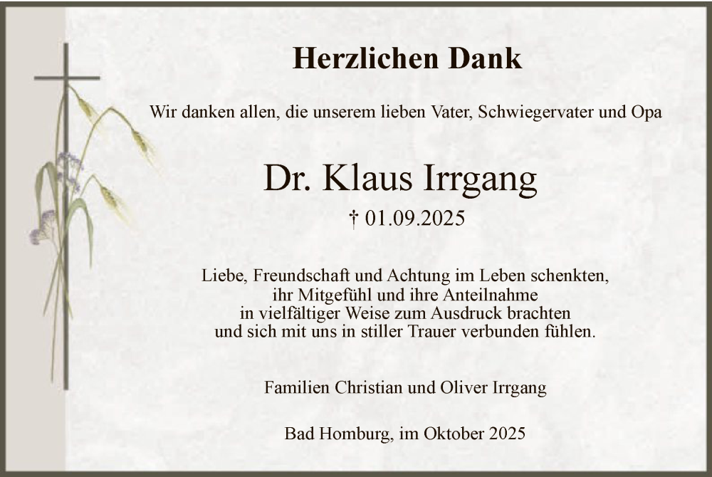  Traueranzeige für Klaus Irrgang vom 11.10.2025 aus FNP