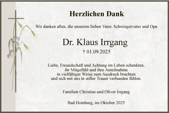 Traueranzeige von Klaus Irrgang von FNP