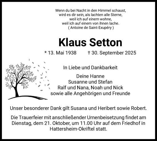 Traueranzeige von Klaus Setton von FNP