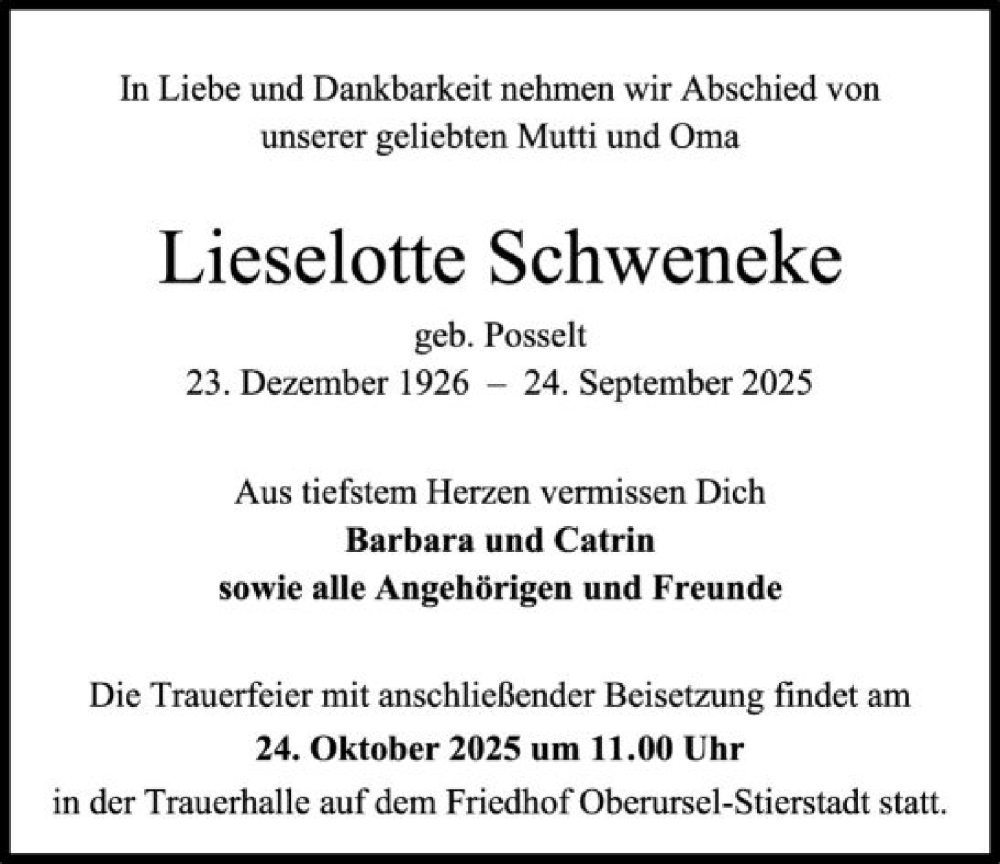  Traueranzeige für Lieselotte Schweneke vom 18.10.2025 aus FNP